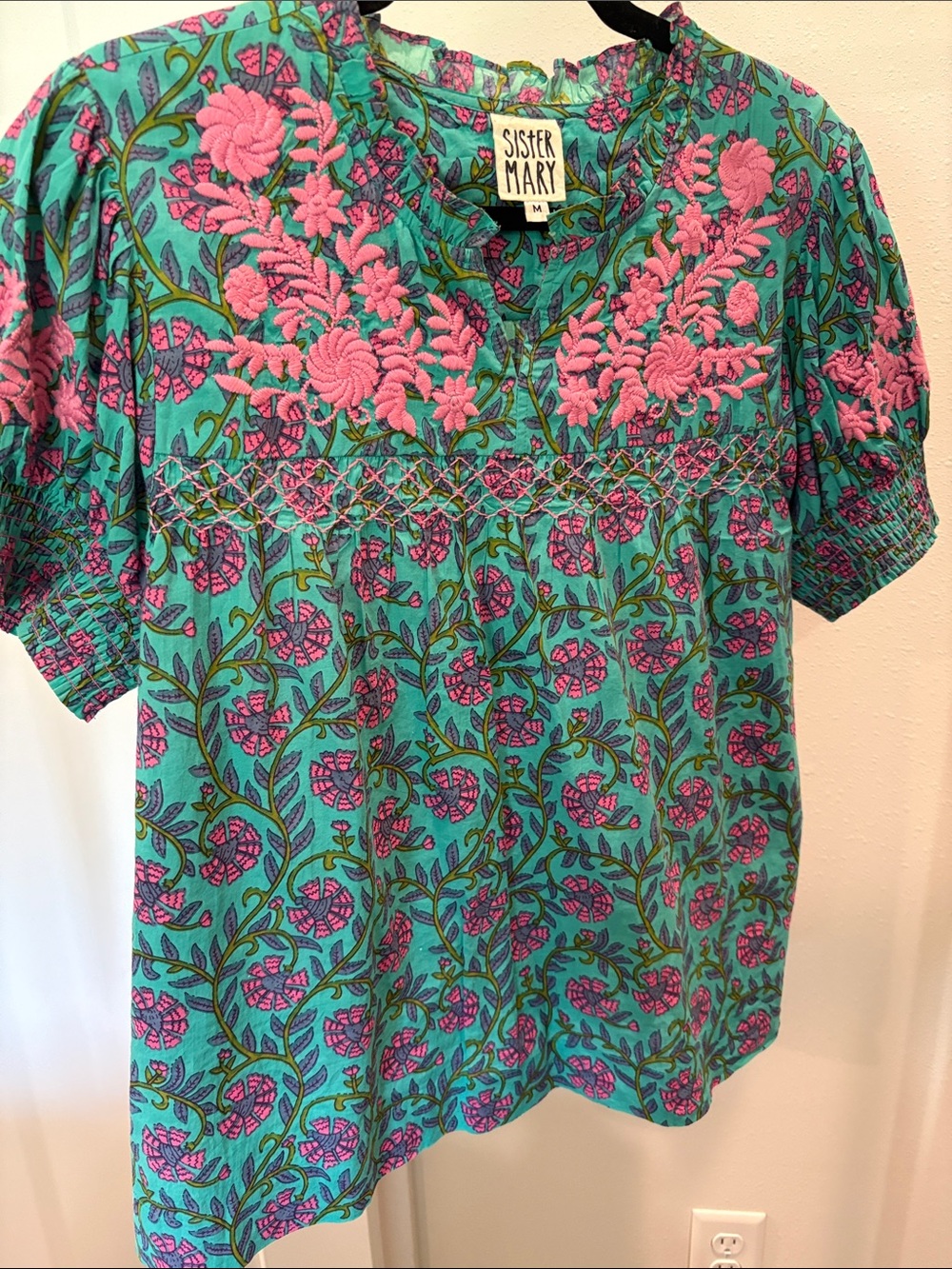 Sister Mary Teal & Pink Embroidered Floral Women's Top